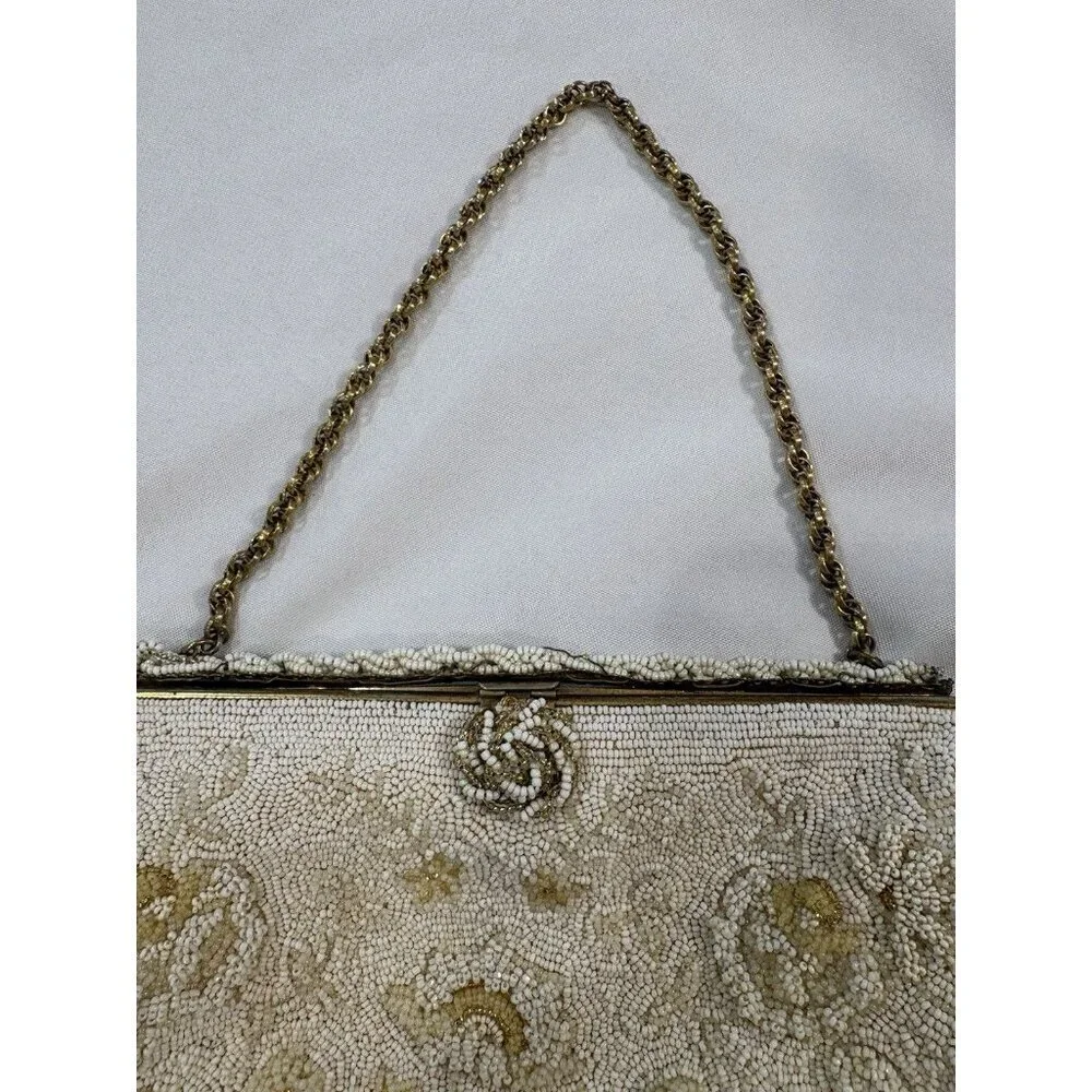 Vintage Rosenfeld Cream and Gold Hand Beaded Purse Made In Belgium